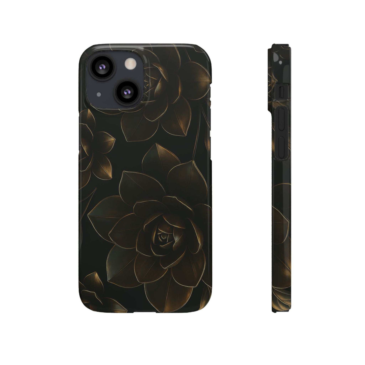 Glossy black phone case with gold rose and leaf design; front camera and flash cutouts.