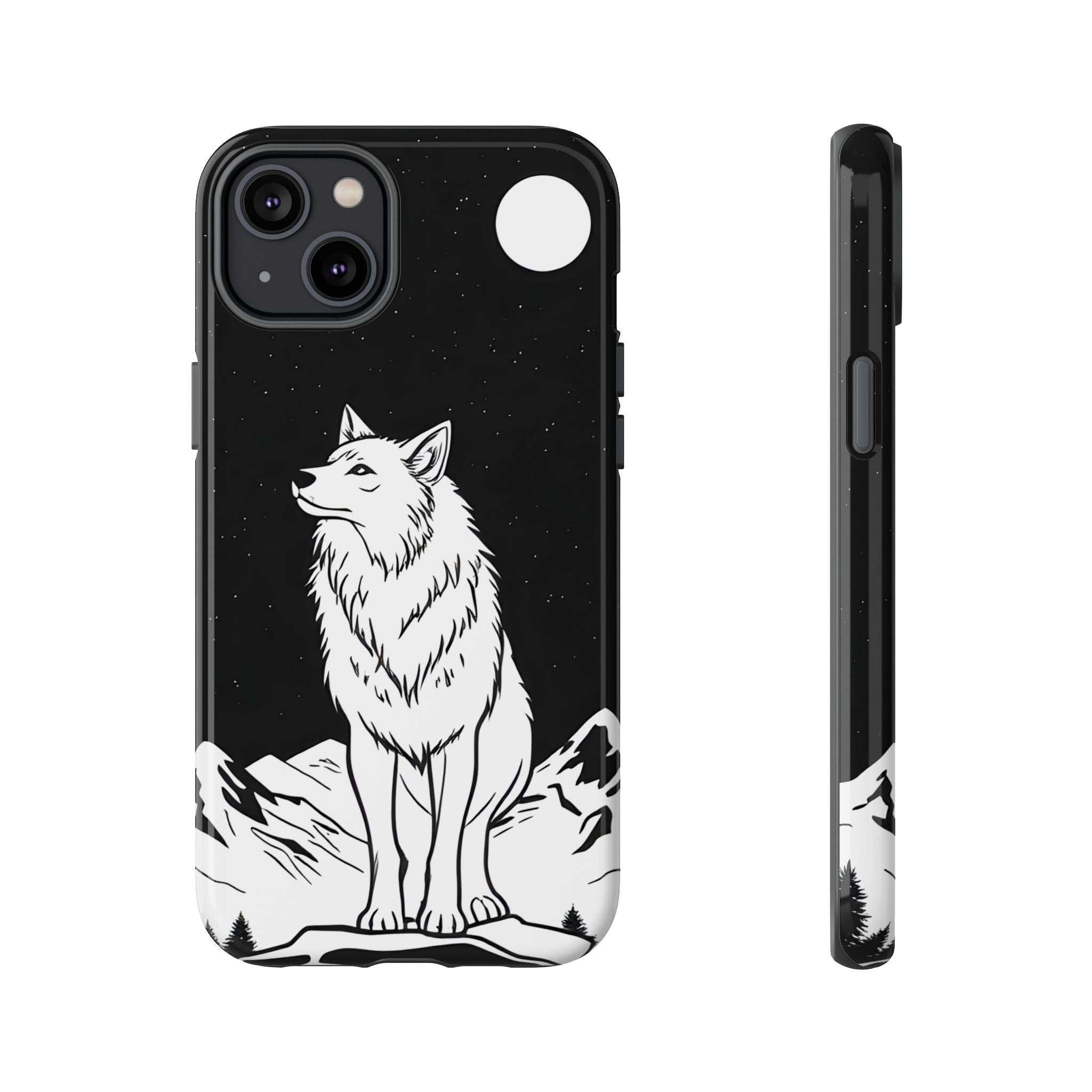 Wolf phone case, black with white wolf art and star speckles; side view with button ridge