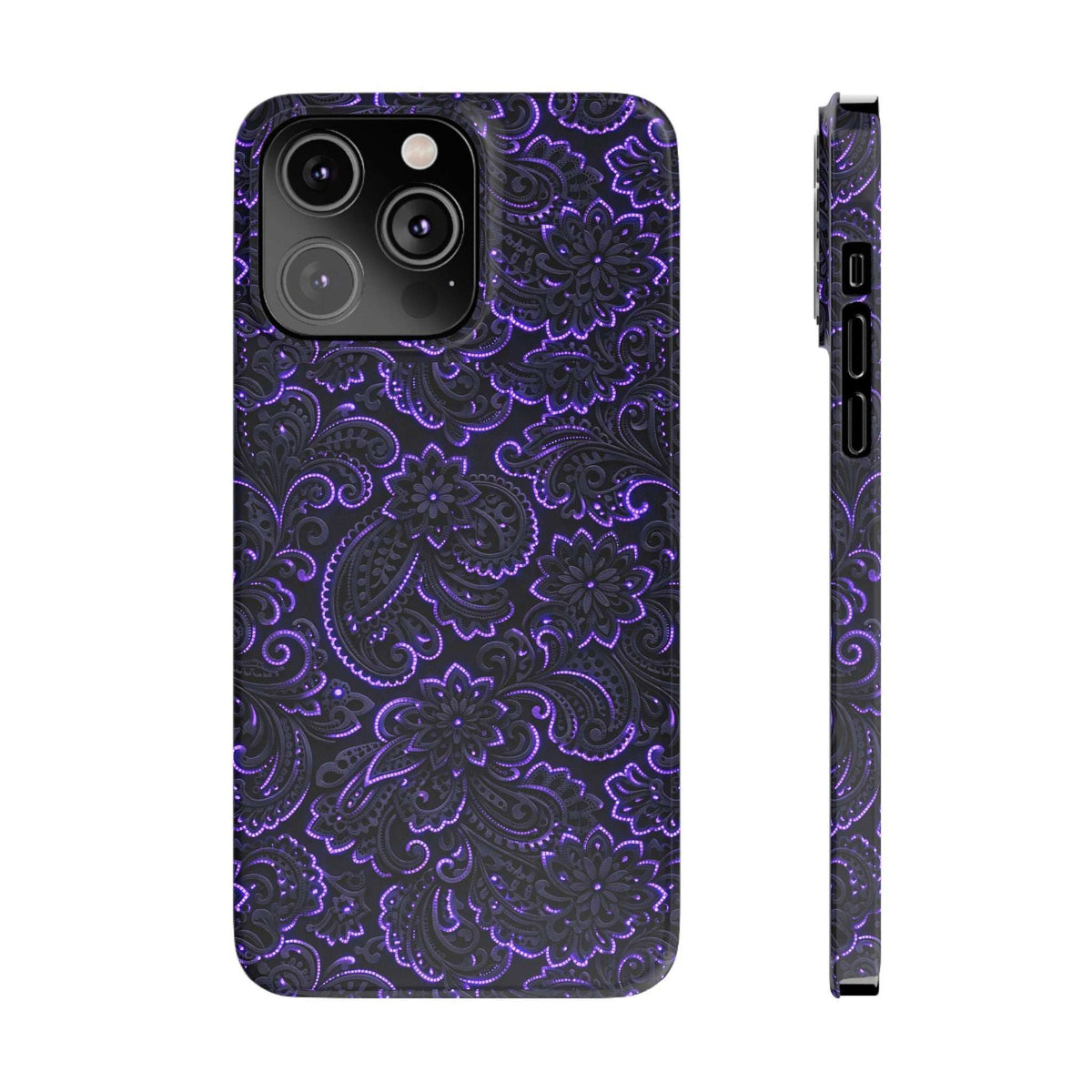 Purple neon paisley phone case front with camera lenses and side button openings.