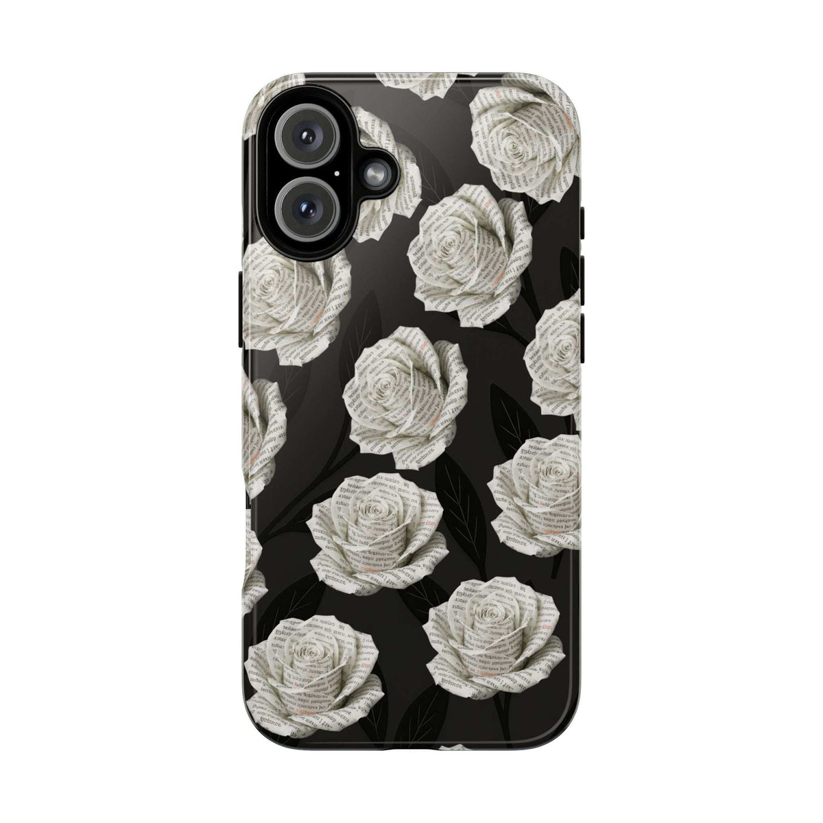 Phone case back angled view with black base and white roses, camera cutouts on top-left.