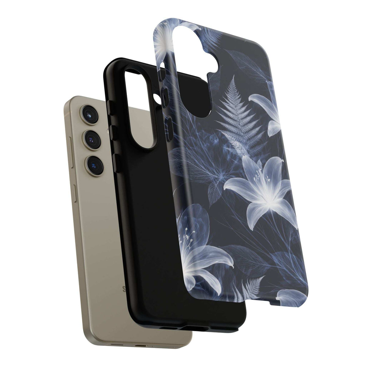 Dark blue floral phone case with white flowers and leaf cutouts, slim protective cover