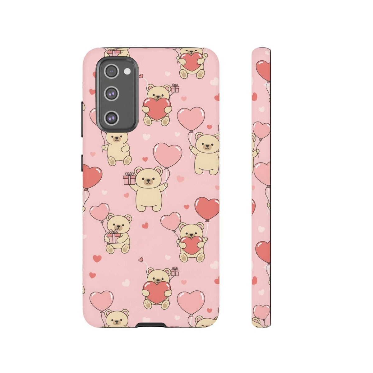 Pink phone case with teddy bears and heart pattern, camera cutout and slim side view
