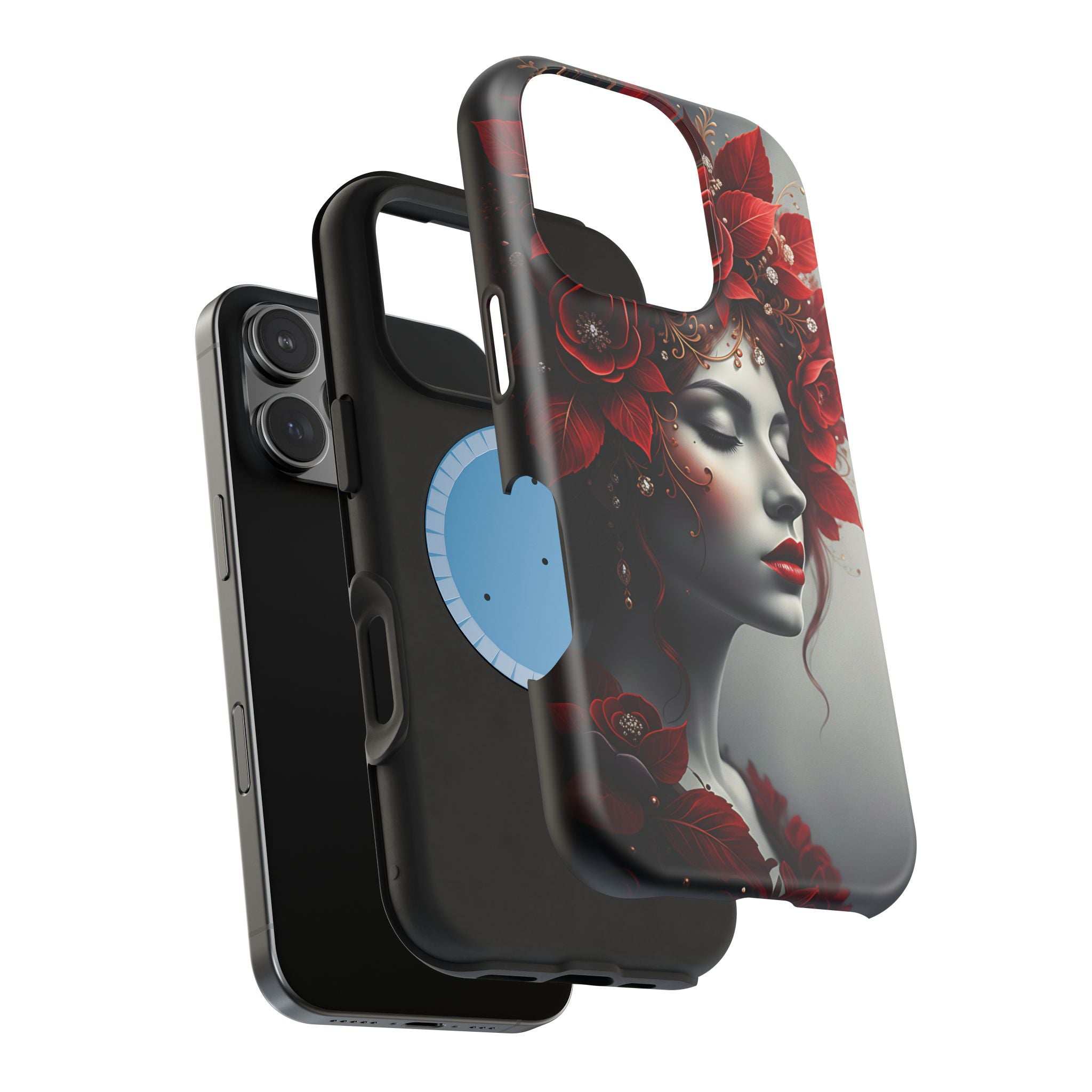 Red floral portrait phone case with woman face graphic, protective black border and cutouts.