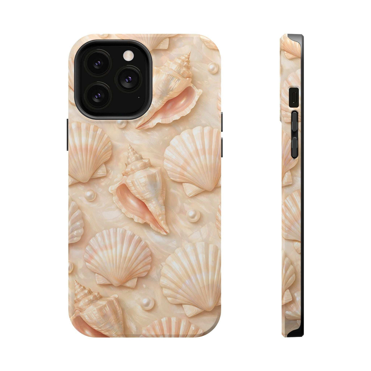 Seashell phone case, cream seashell and pearl pattern; camera cutout and slim side profile