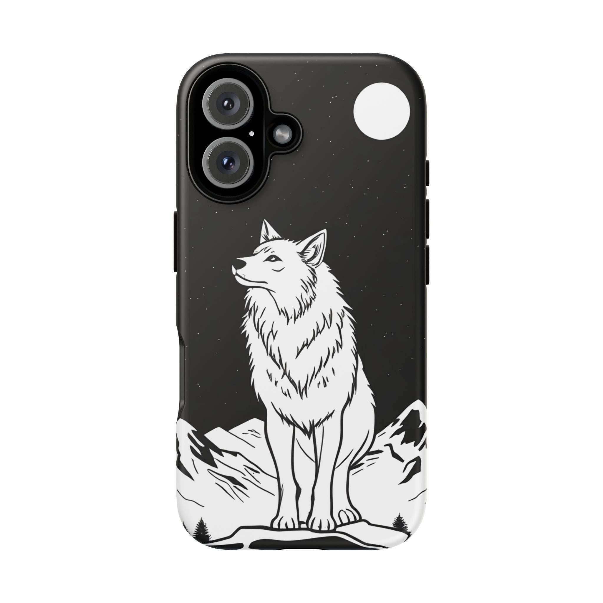 Black phone case with white seated wolf artwork, camera cutouts, and top-right circle detail