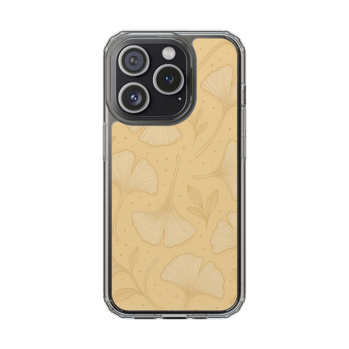 Phone case with tan ginkgo floral pattern and clear border; front view with triple camera cutouts.