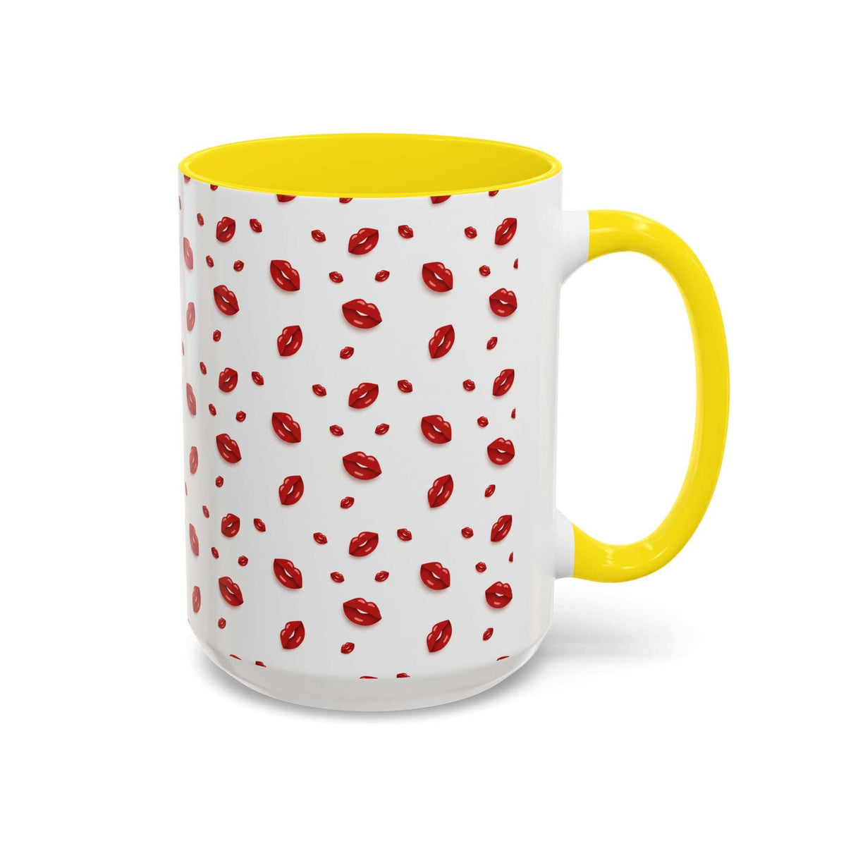 Yellow-accent coffee mug with red lips pattern and yellow handle, angled view