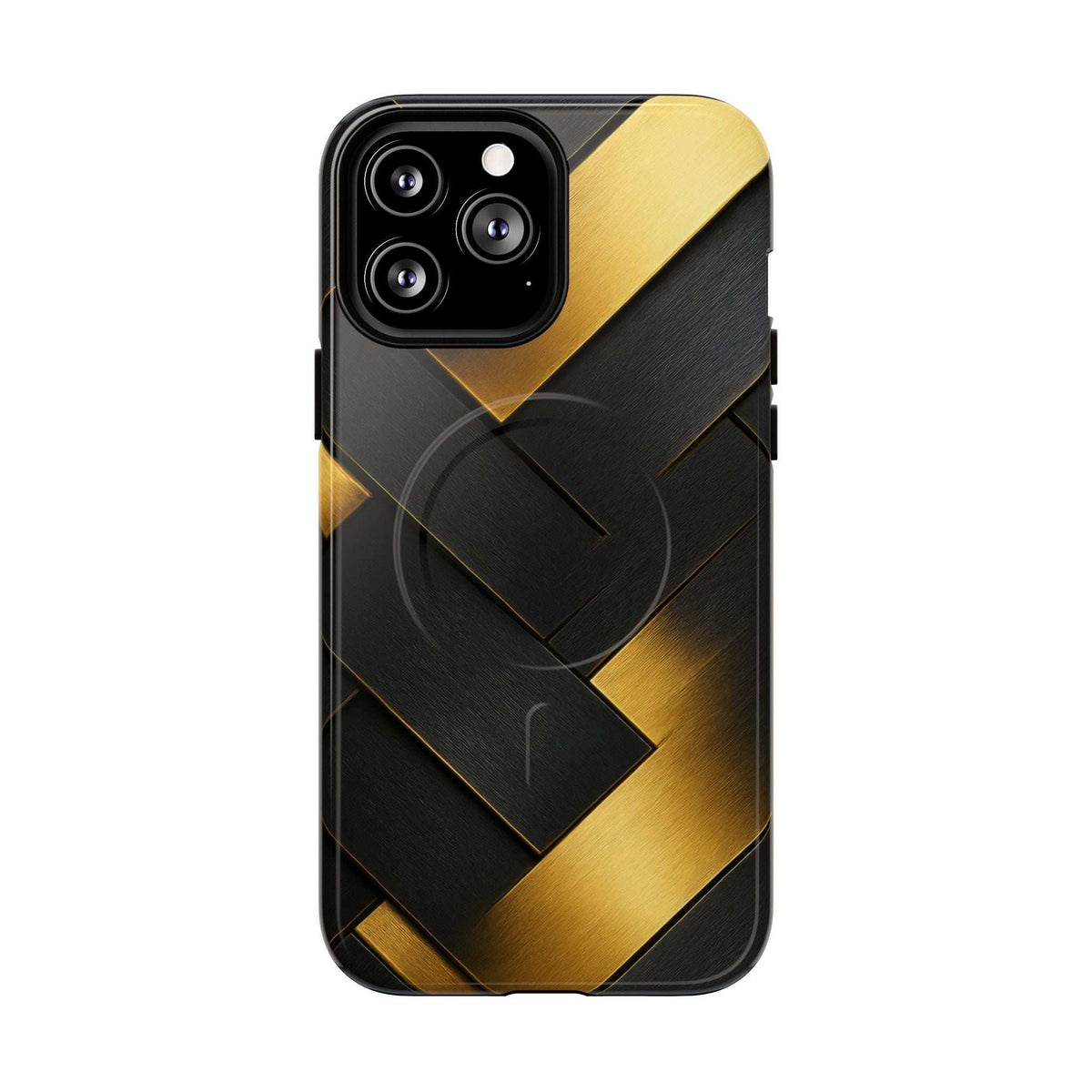 Glossy black phone case with gold diagonal grid look and camera cutout openings
