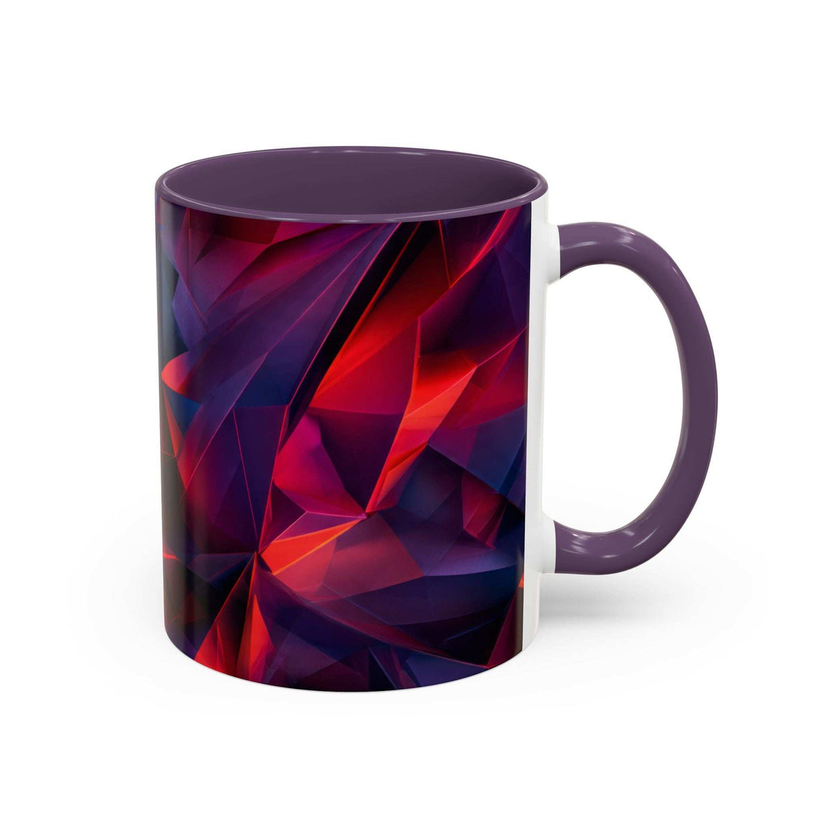 Ceramic mug with purple rim and handle, abstract red and blue geometric pattern.