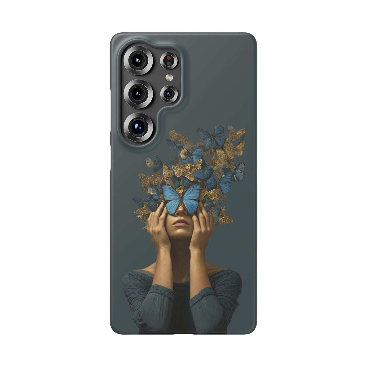 Dark gray phone case with butterfly and gold leafy pattern over a woman’s face