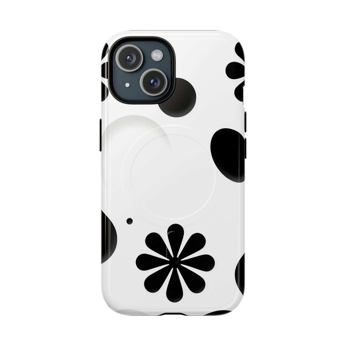 White phone case with black flower and dot pattern, open camera cutout