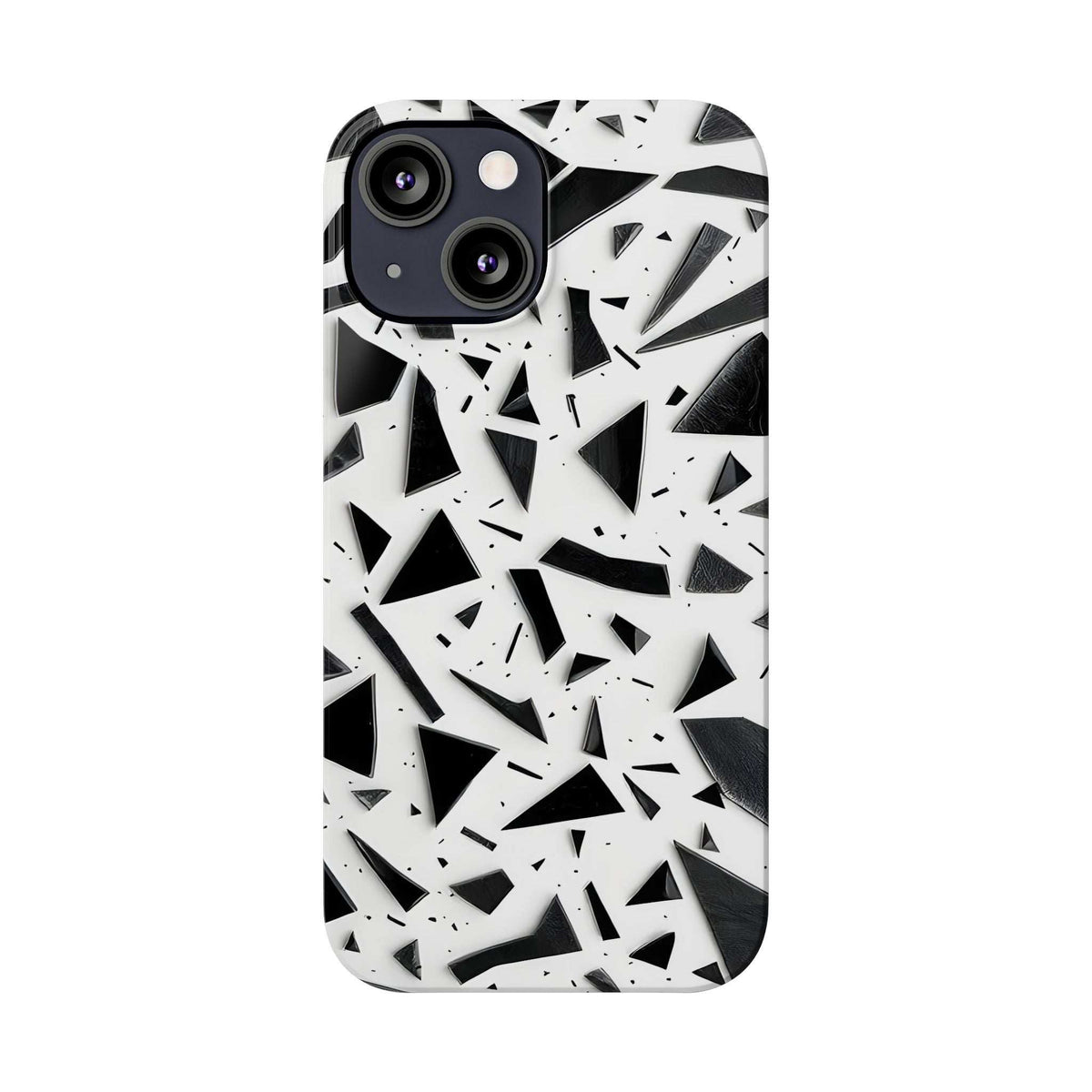 Slim phone case with black and white abstract shards, centered front view
