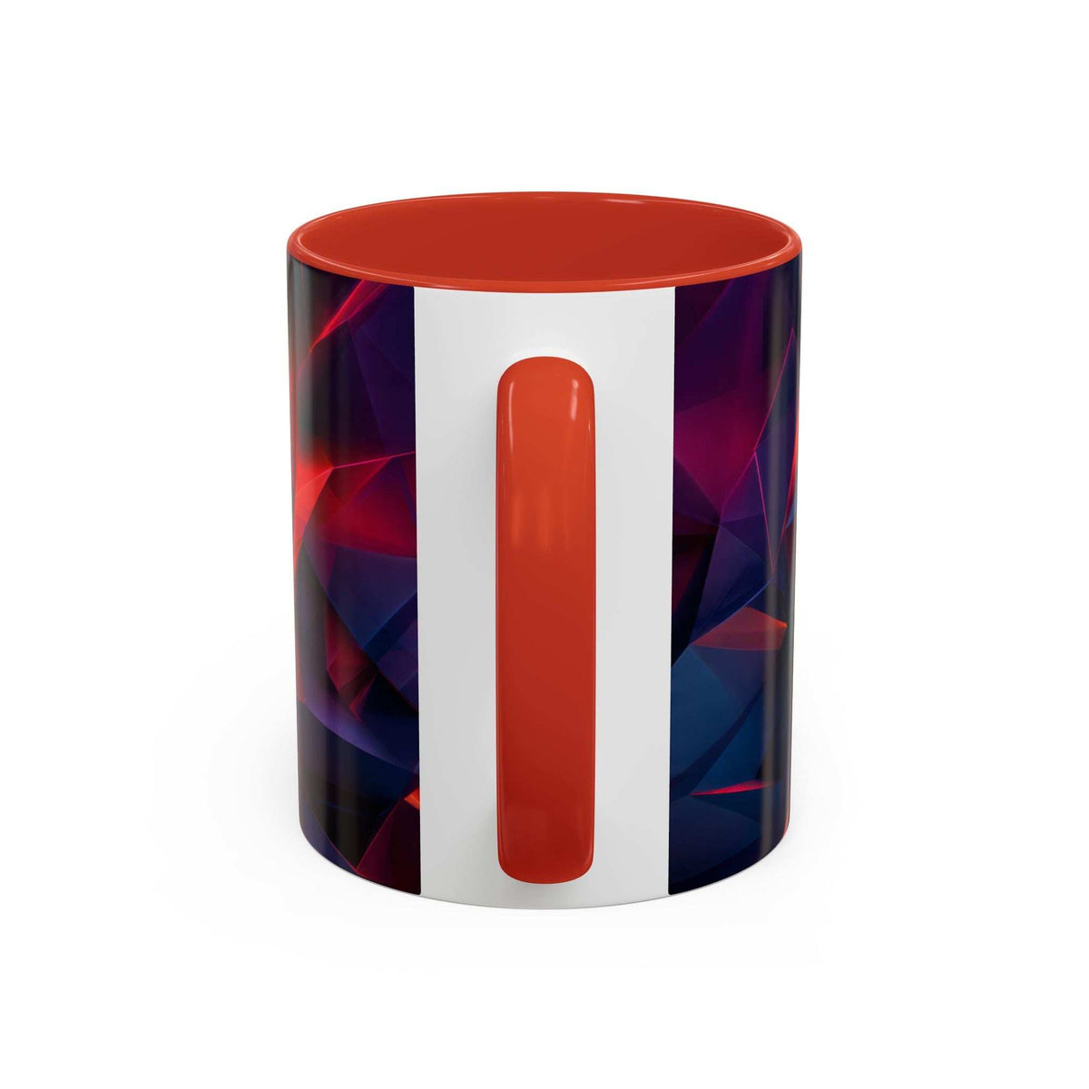 Ceramic accent mug with orange vertical stripe and faceted red/purple/blue pattern, orange rim