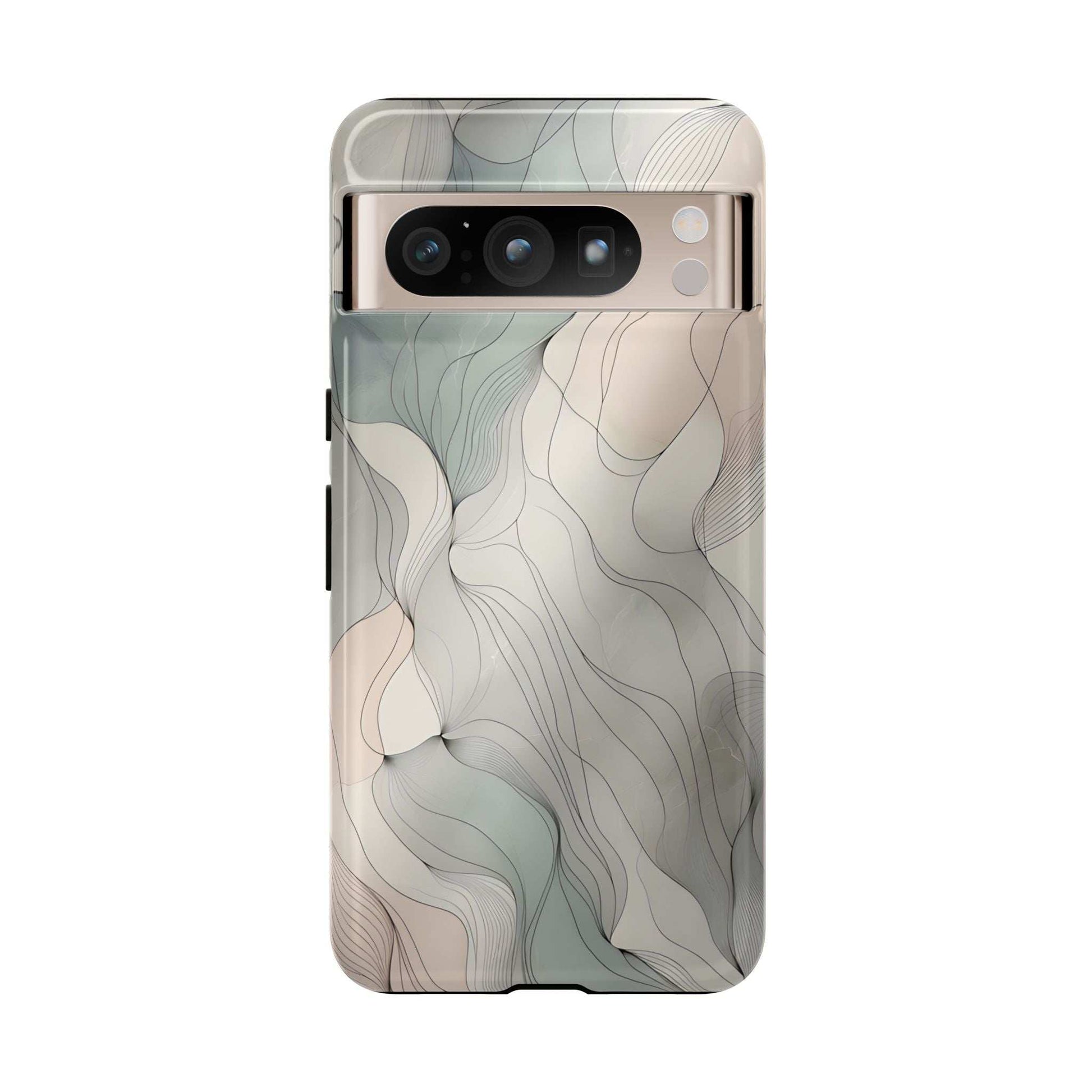 Pastel wave phone case close-up with cream and teal abstract waves and top camera bar