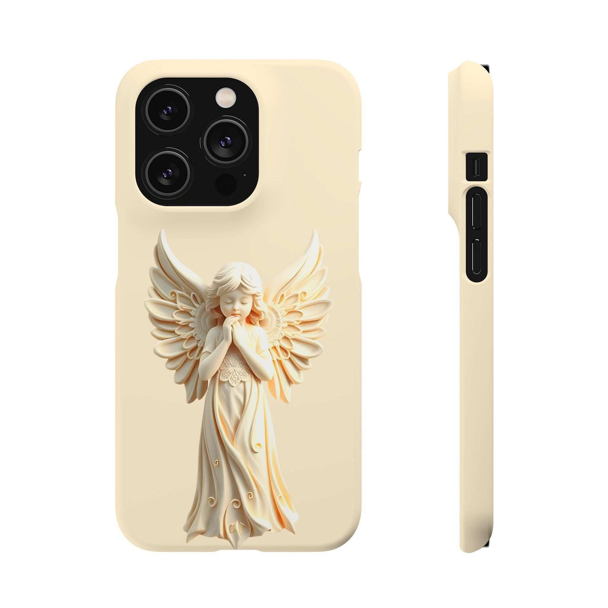 Cream phone case with angel wings design and triple camera opening