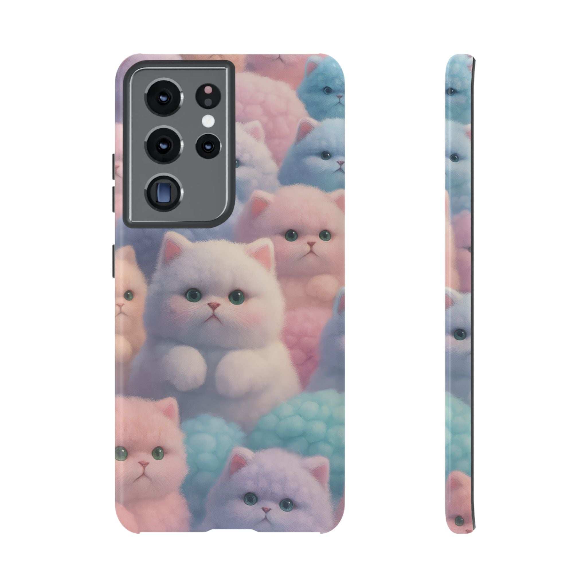 Glossy phone case with pastel kitten illustration, camera lens cutouts and raised corners