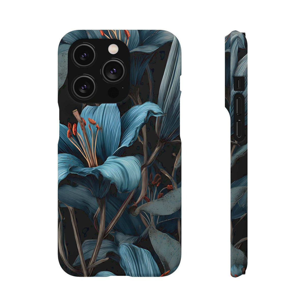 Phone case with blue botanical leaf print, dark border, and camera cutouts for rear lenses