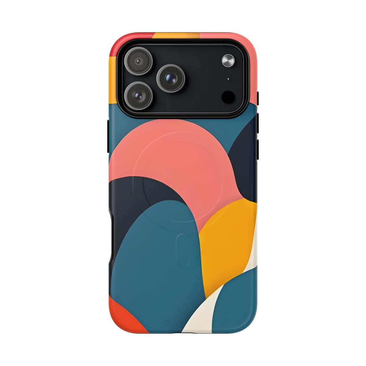 Colorful abstract art iPhone 13-17 phone case showing camera cutout and speaker openings
