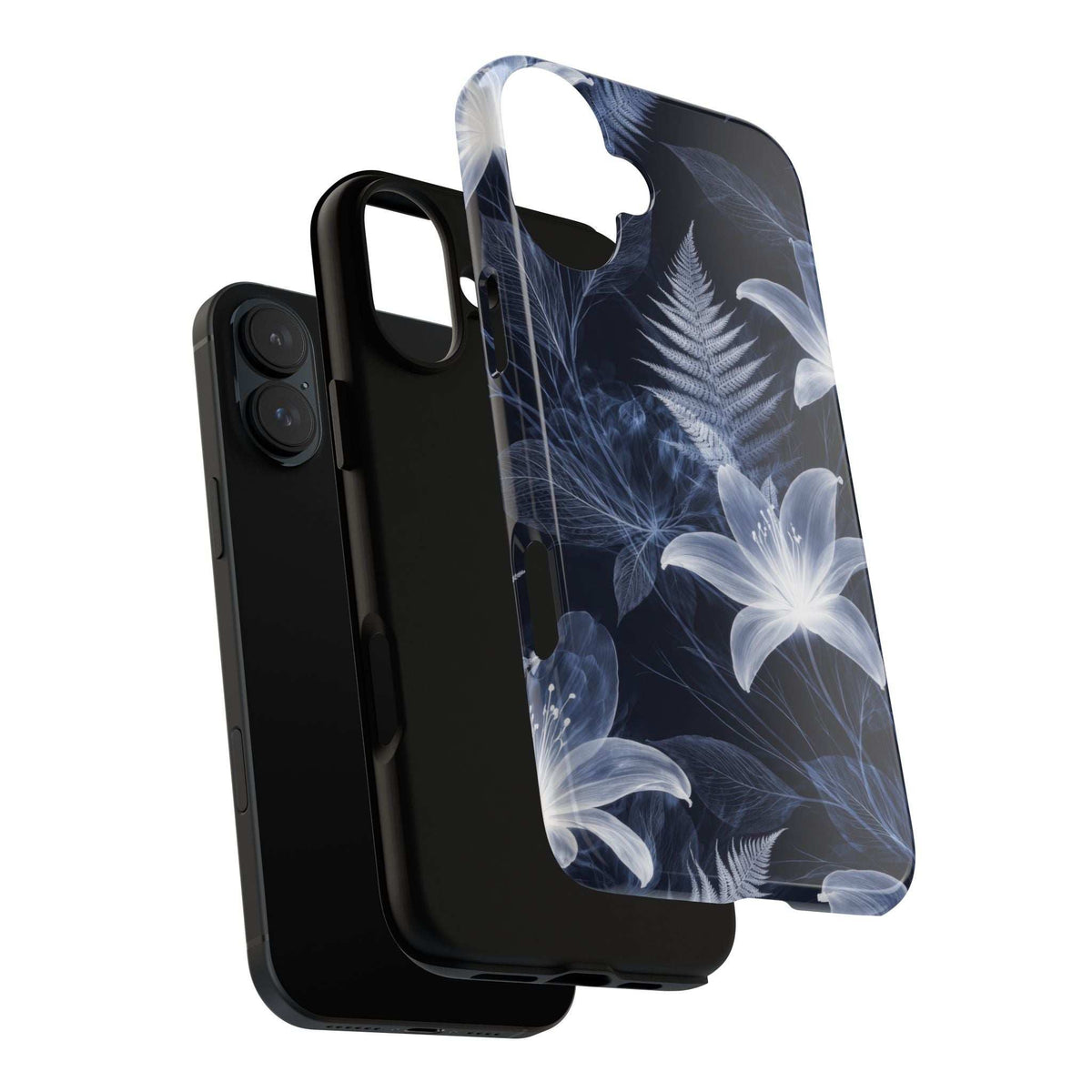 Dark blue botanical phone case with white flower pattern, protective corners and port cutouts
