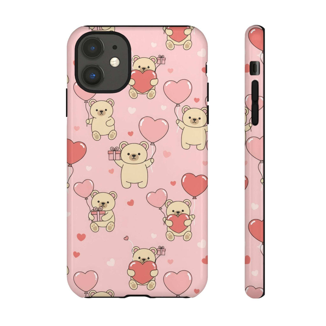 Pink phone case with teddy bear and heart design, front view with camera openings