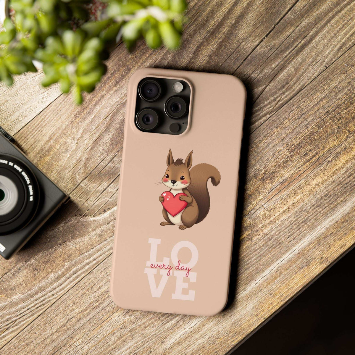 Beige squirrel phone case for iPhone 11–17, with heart cartoon and party-style text