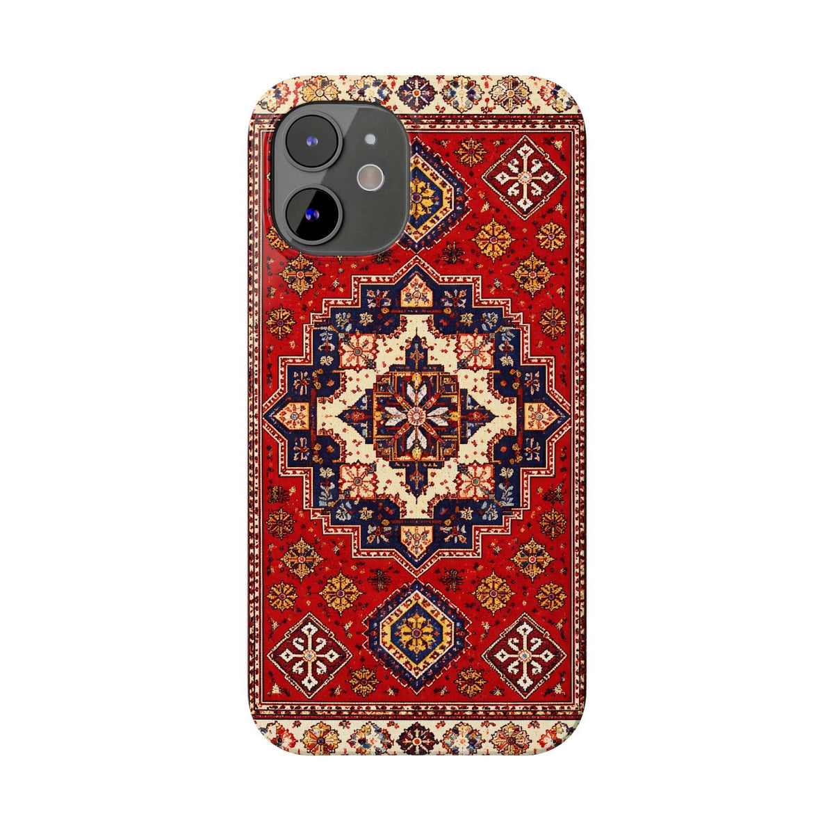 Armenian carpet pattern phone case with red, blue, and cream geometric motif