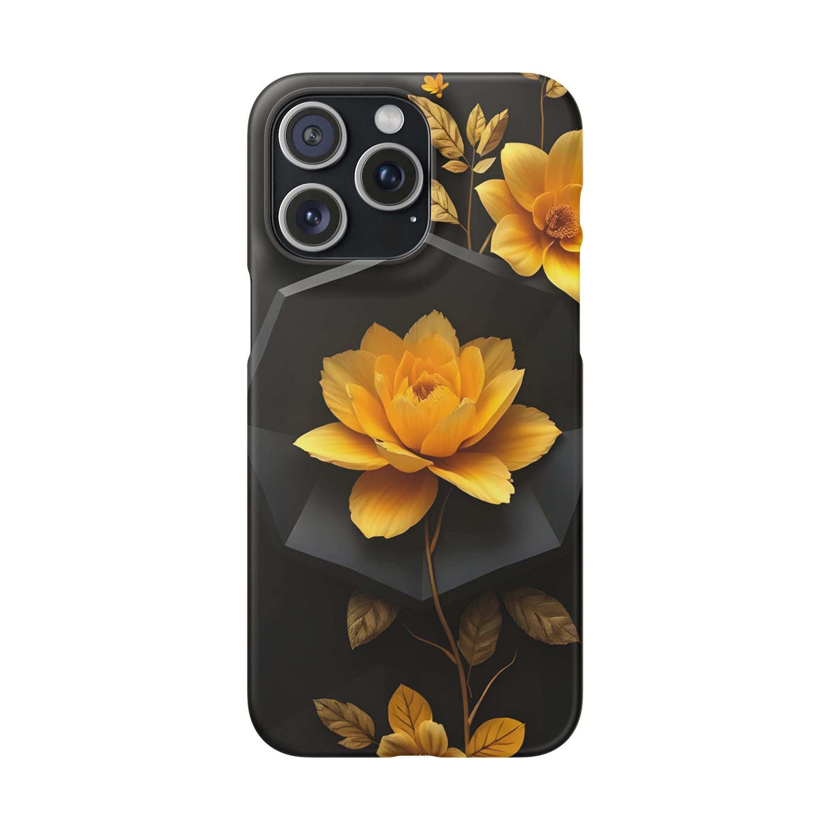 Black phone case with yellow blossom, gold leaf details, and visible camera lens openings.