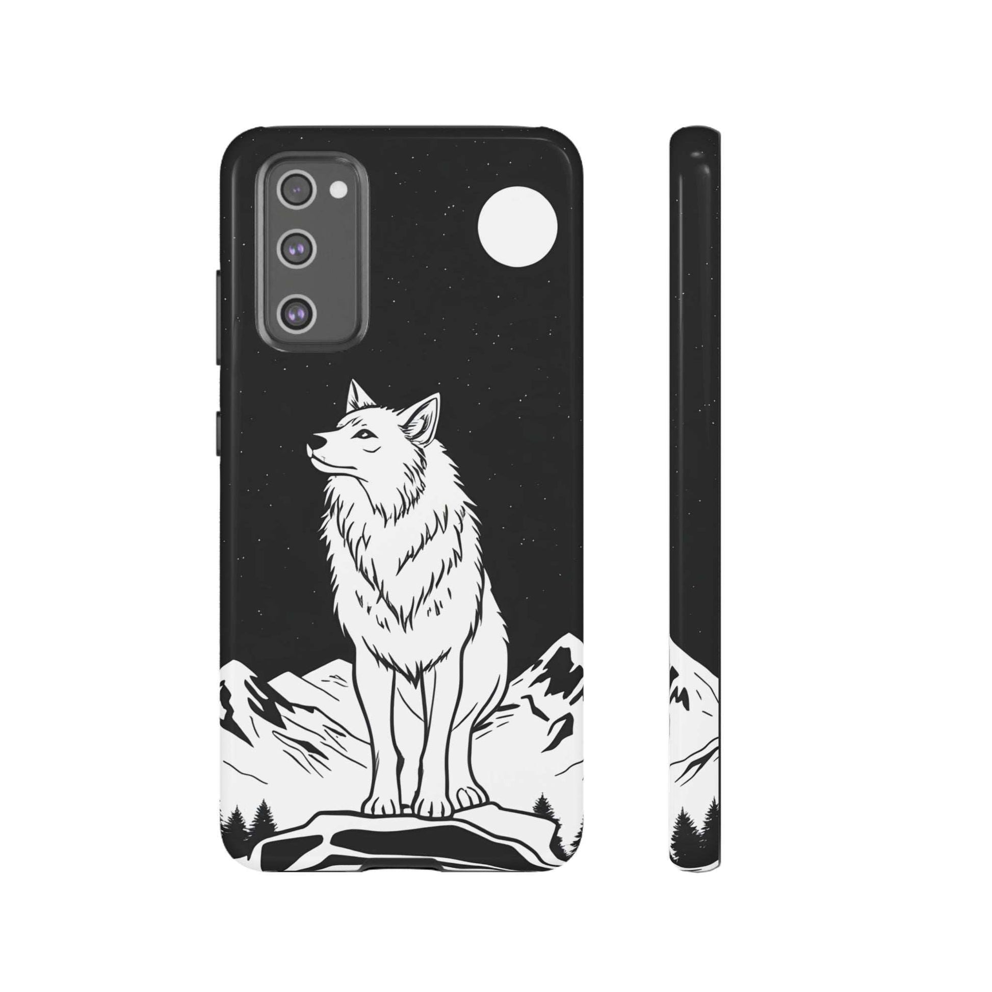 Black phone case with white wolf illustration, starry night pattern, triple camera cutout