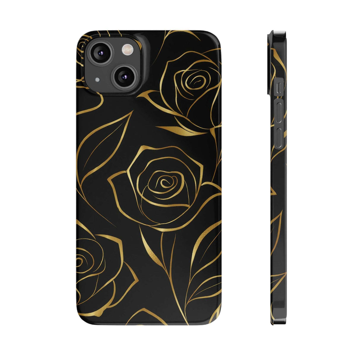 Black iPhone phone case with gold rose pattern; front and slim side edge shown
