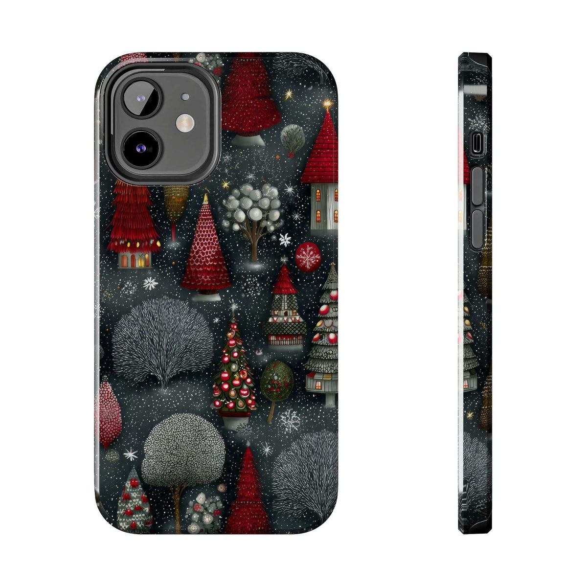 Winter forest themed phone case with frosted fir trees; side profile view