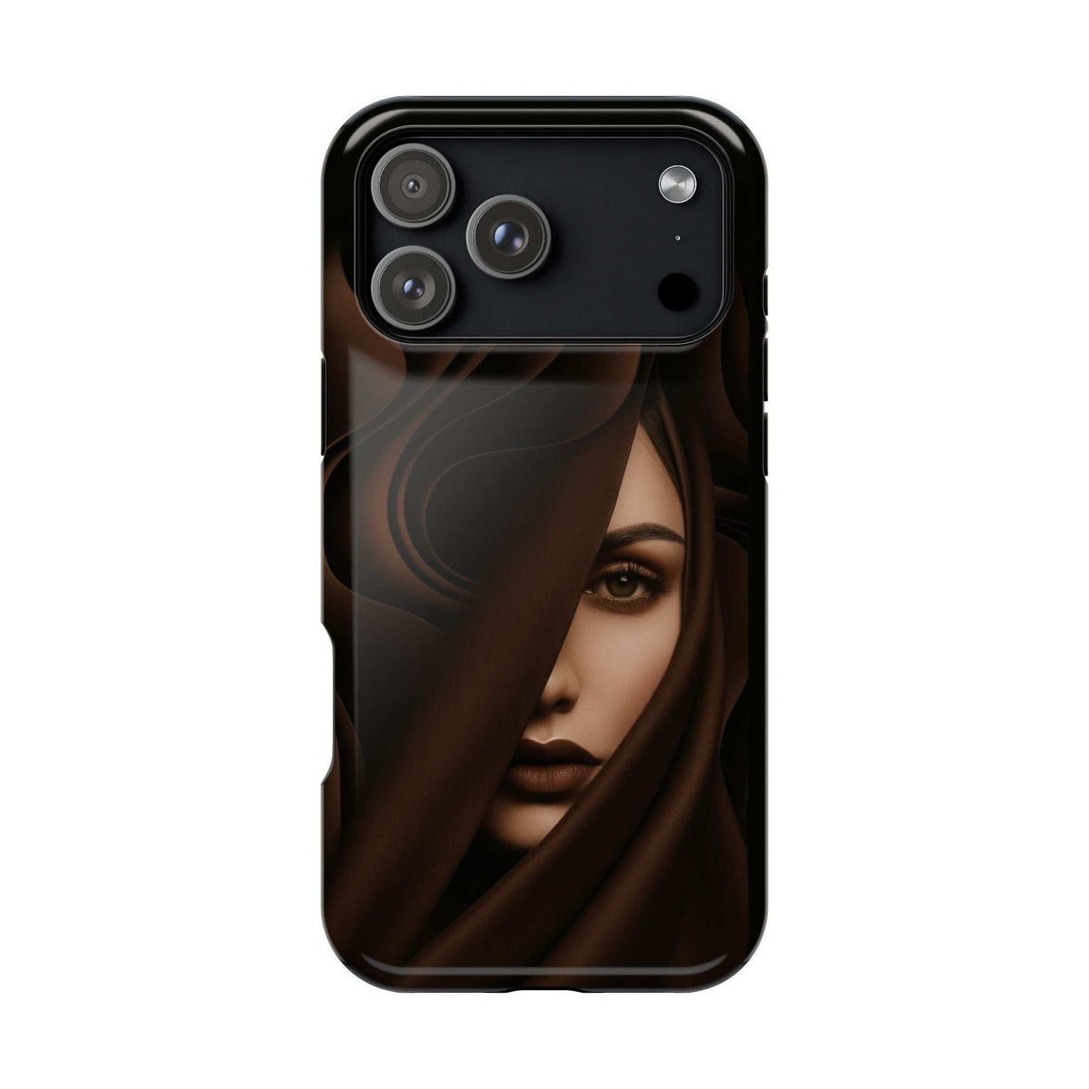 Black phone case with moody woman portrait and camera cutouts