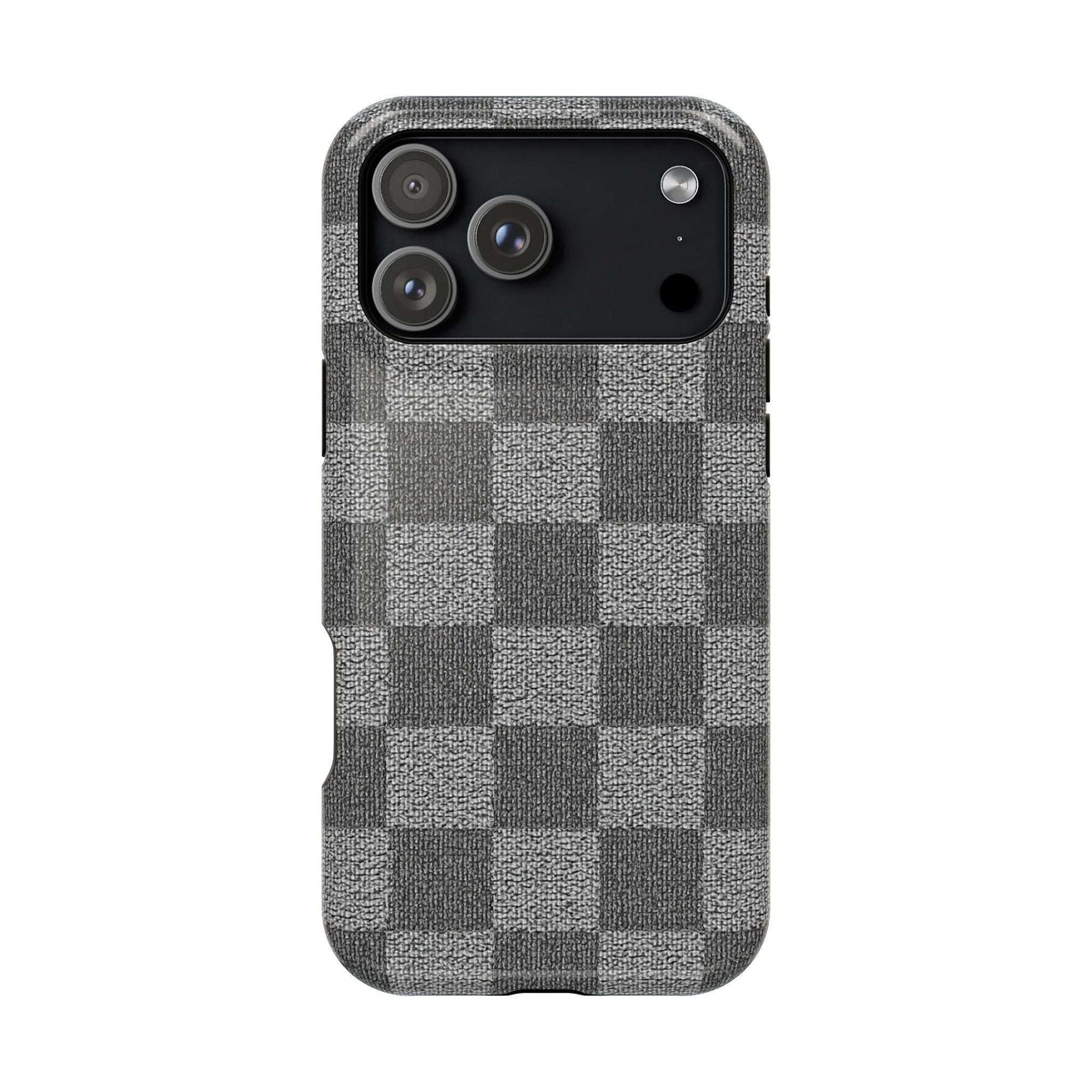 Gray checkered phone case with triple-camera cutout on dark upper section