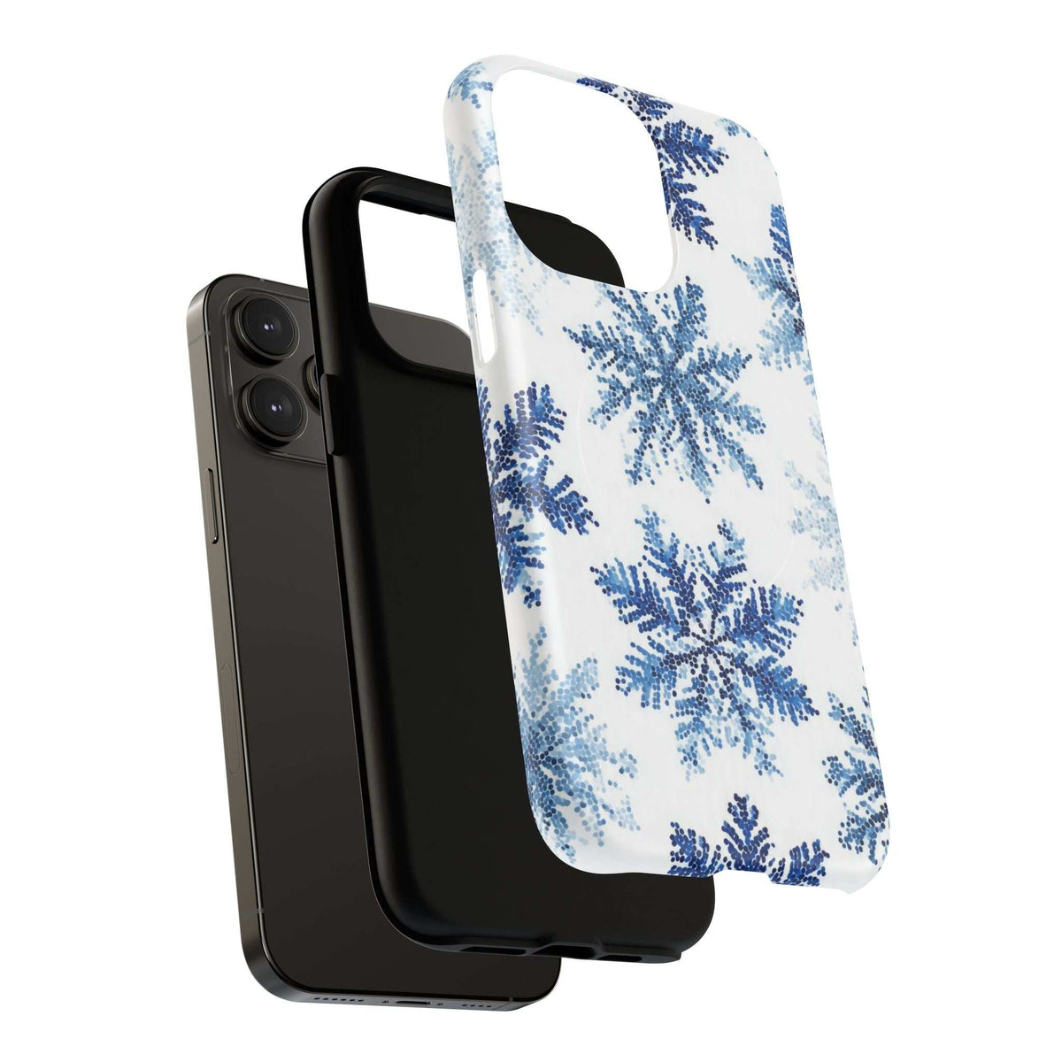 White phone cover with blue snowflake print and precise ports around camera