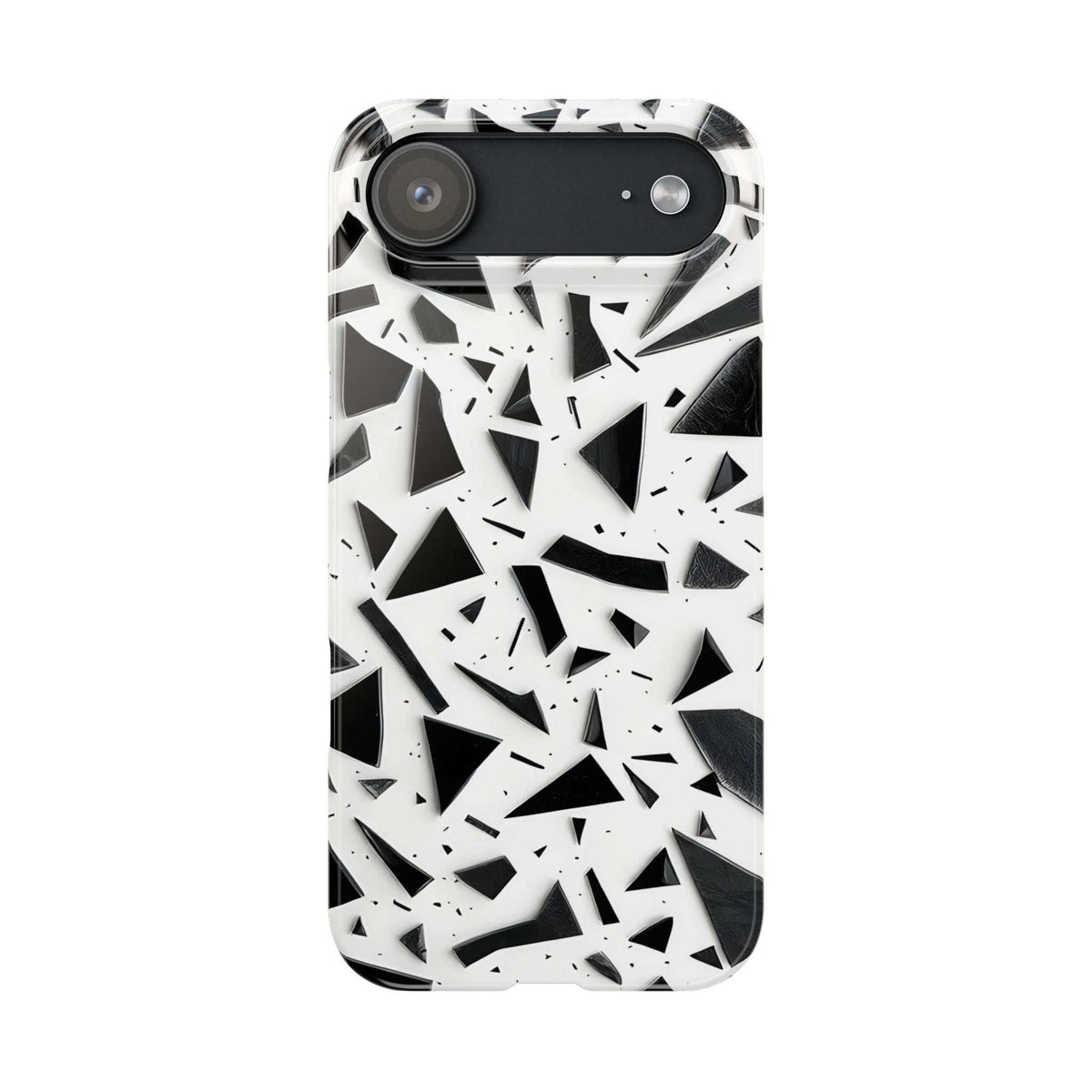 Slim iPhone phone case with white abstract black geometric design and raised camera bump.