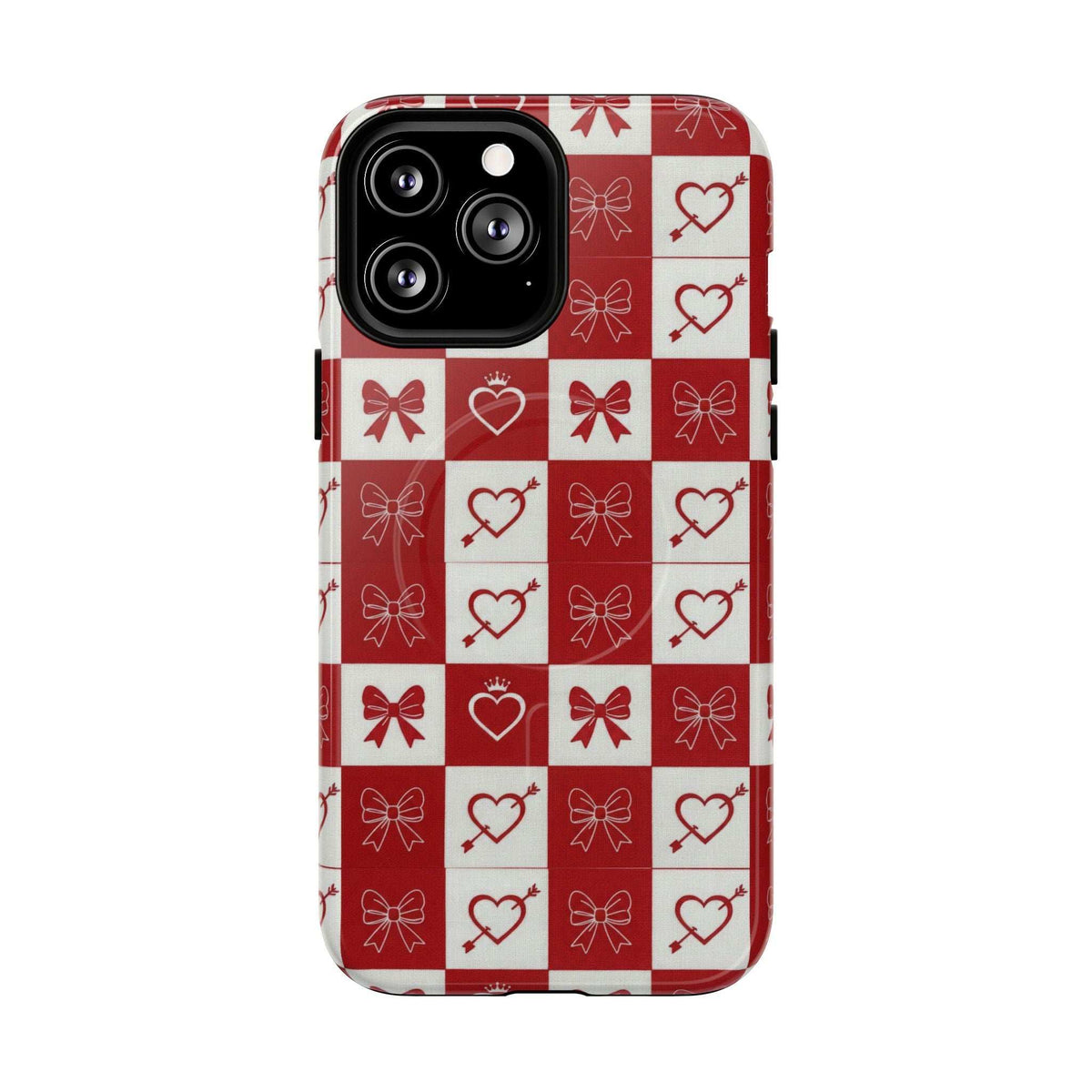 Red and white checkered phone case with hearts and bows pattern, front view