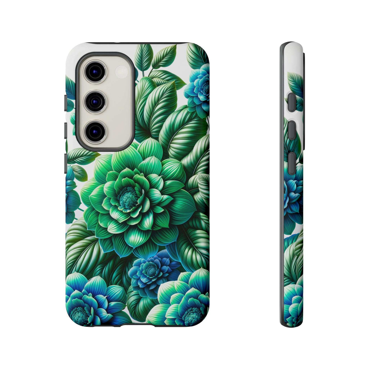 Green and blue floral phone case with camera openings, front view and side profile.