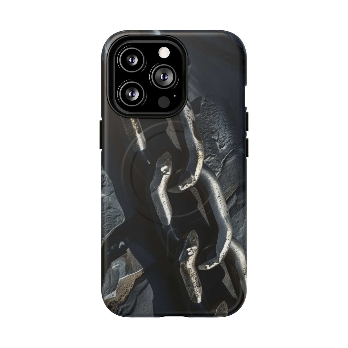 Black tough phone case with chain and link artwork, raised camera module openings