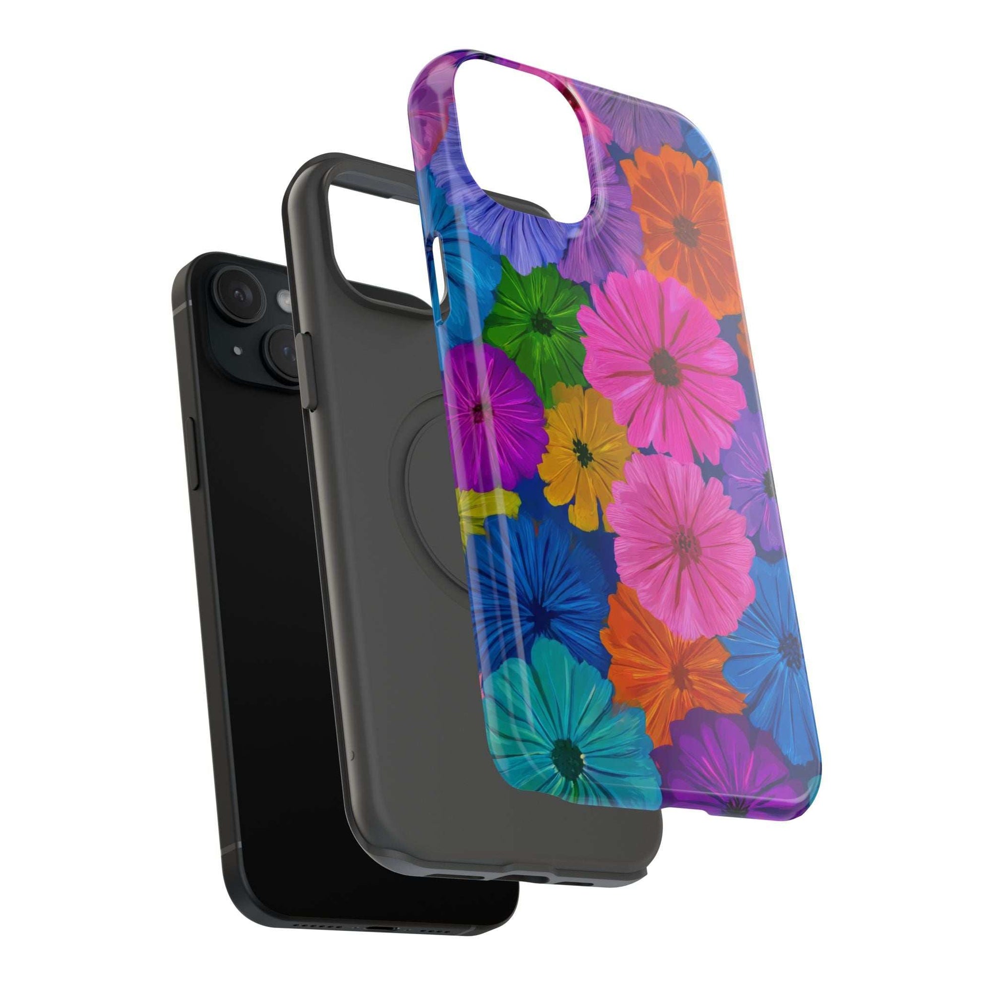 Overlapping side view of floral bloom phone case with clear edges and camera opening
