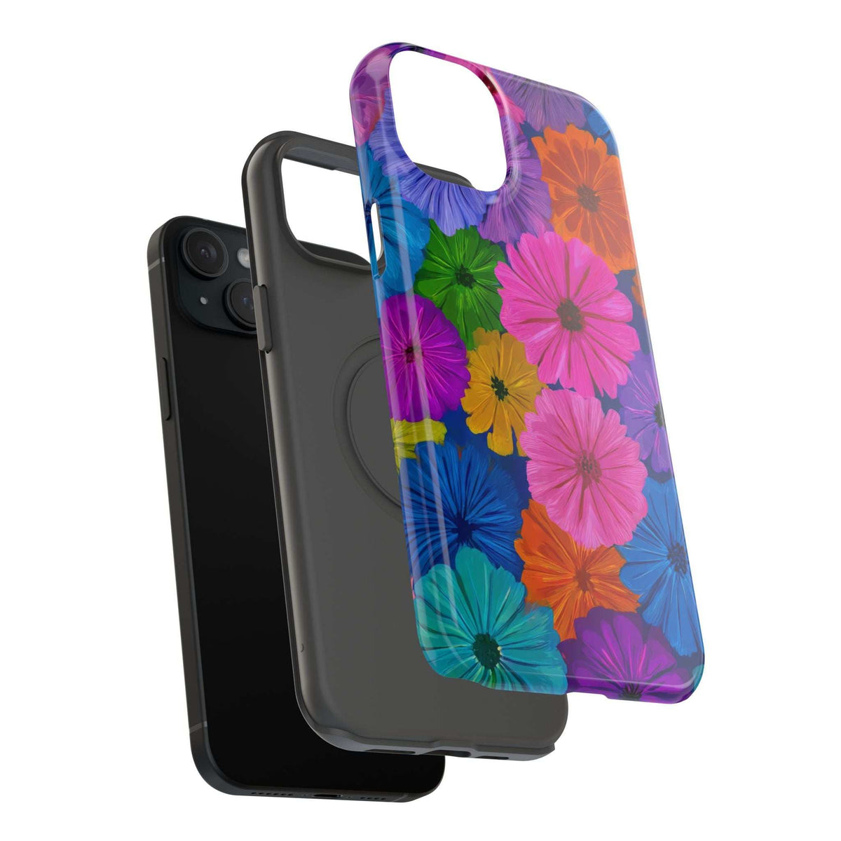Overlapping side view of floral bloom phone case with clear edges and camera opening