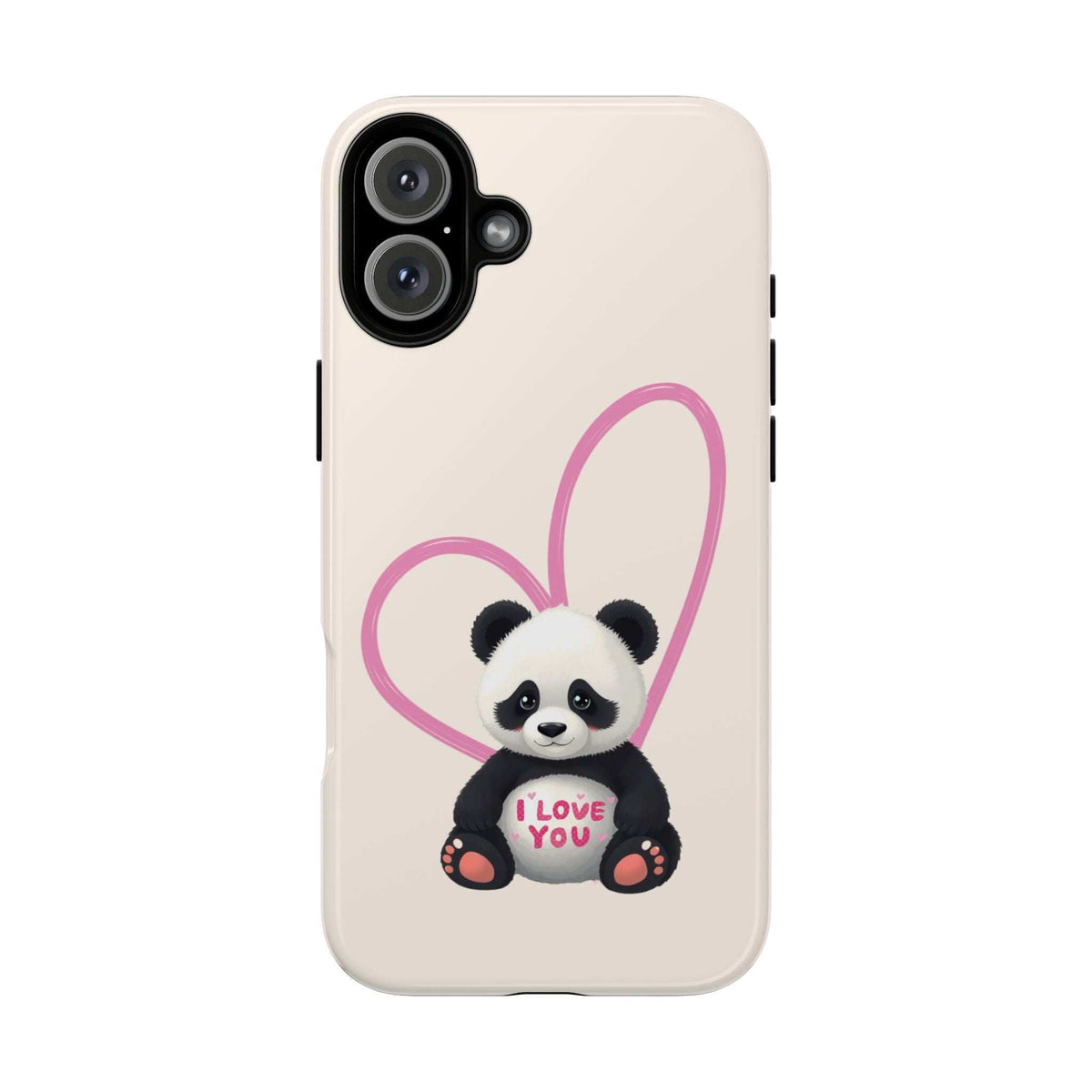 Beige phone case with panda character and pink heart outline, camera area on top