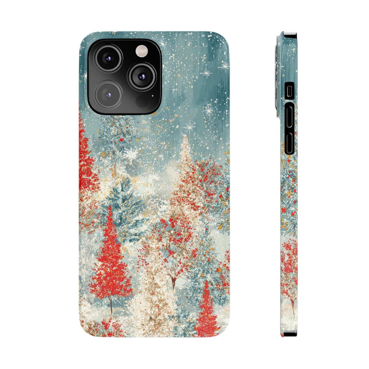 Snowy forest phone case with red conifer trees and snowy mist; camera module openings