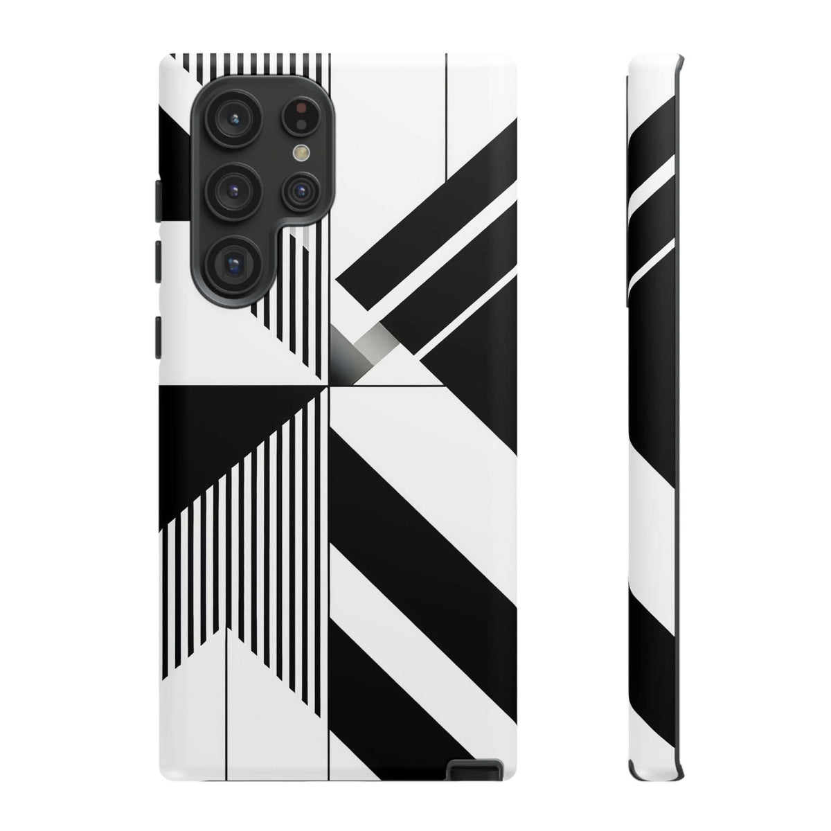 Monochrome tough phone case with black-and-white geometric stripe pattern, camera cutouts