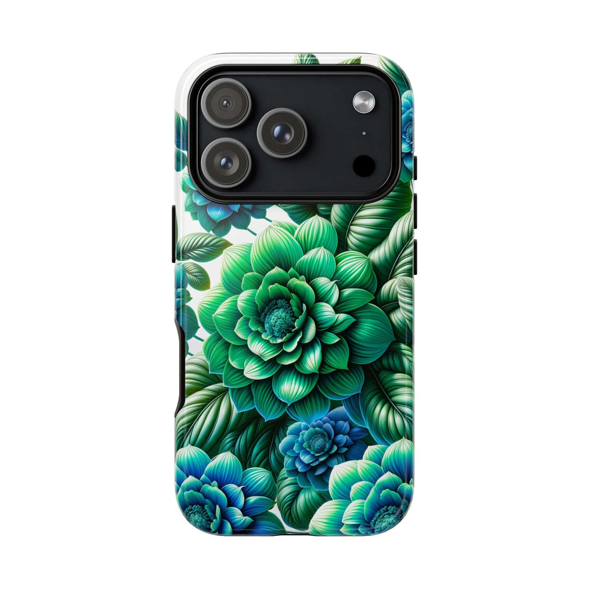 Floral phone case with green and blue leaves and flowers, triple-lens camera opening