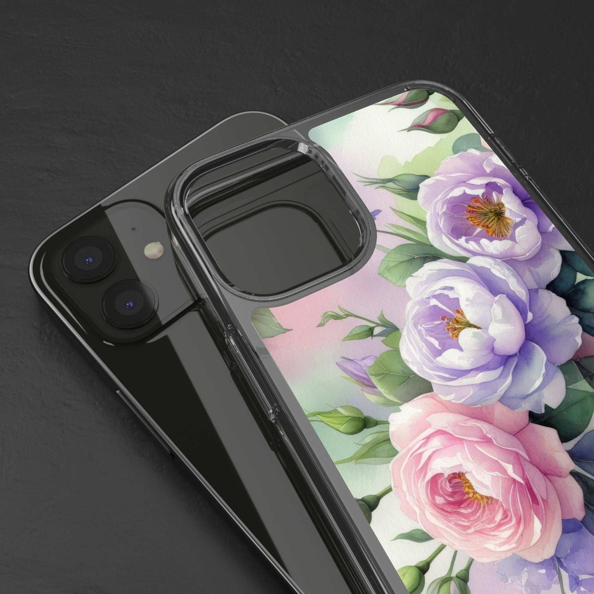 Clear floral phone case with raised camera cover and pink/purple rose design