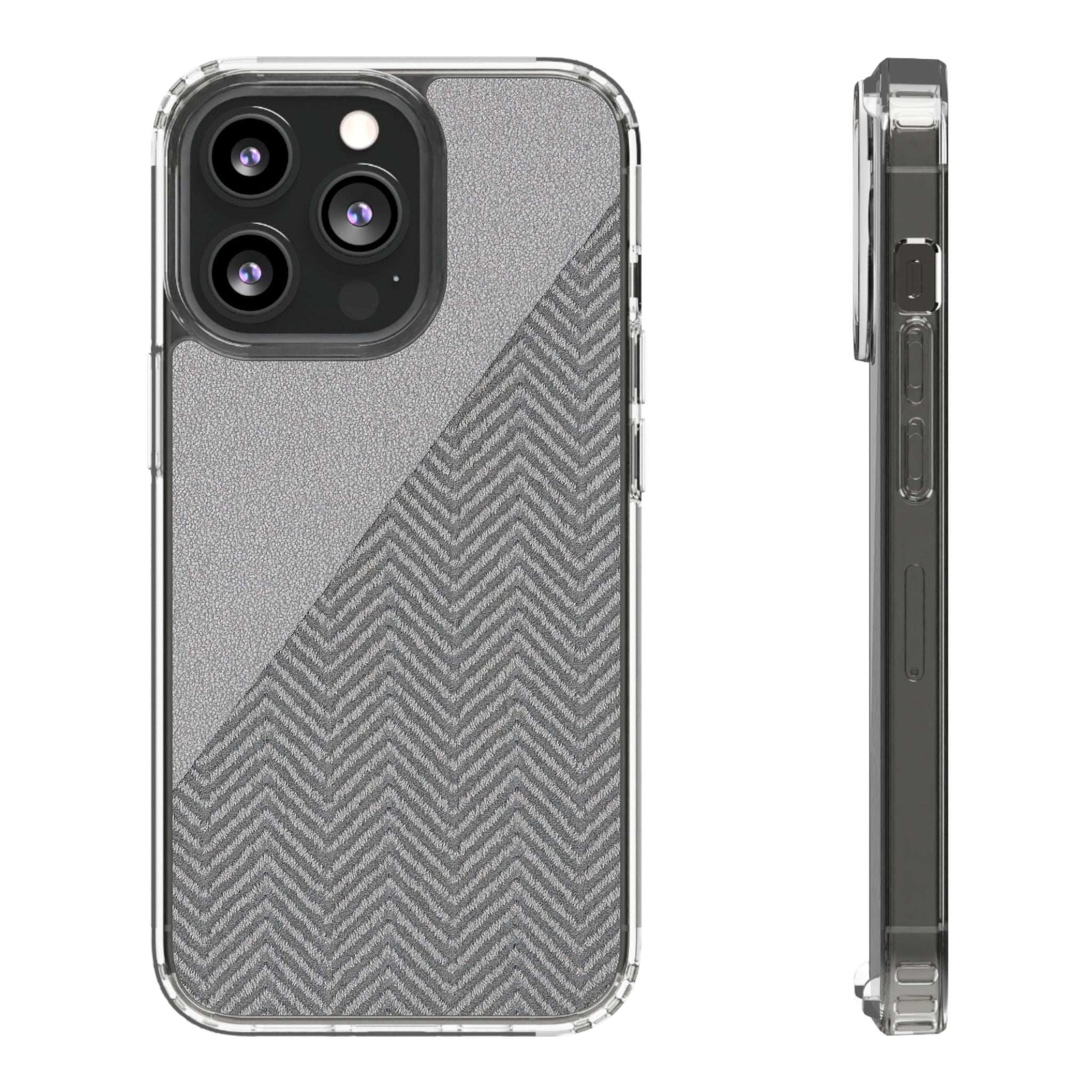 Tough iPhone case with diagonal herringbone texture plus clear side profile and cutouts