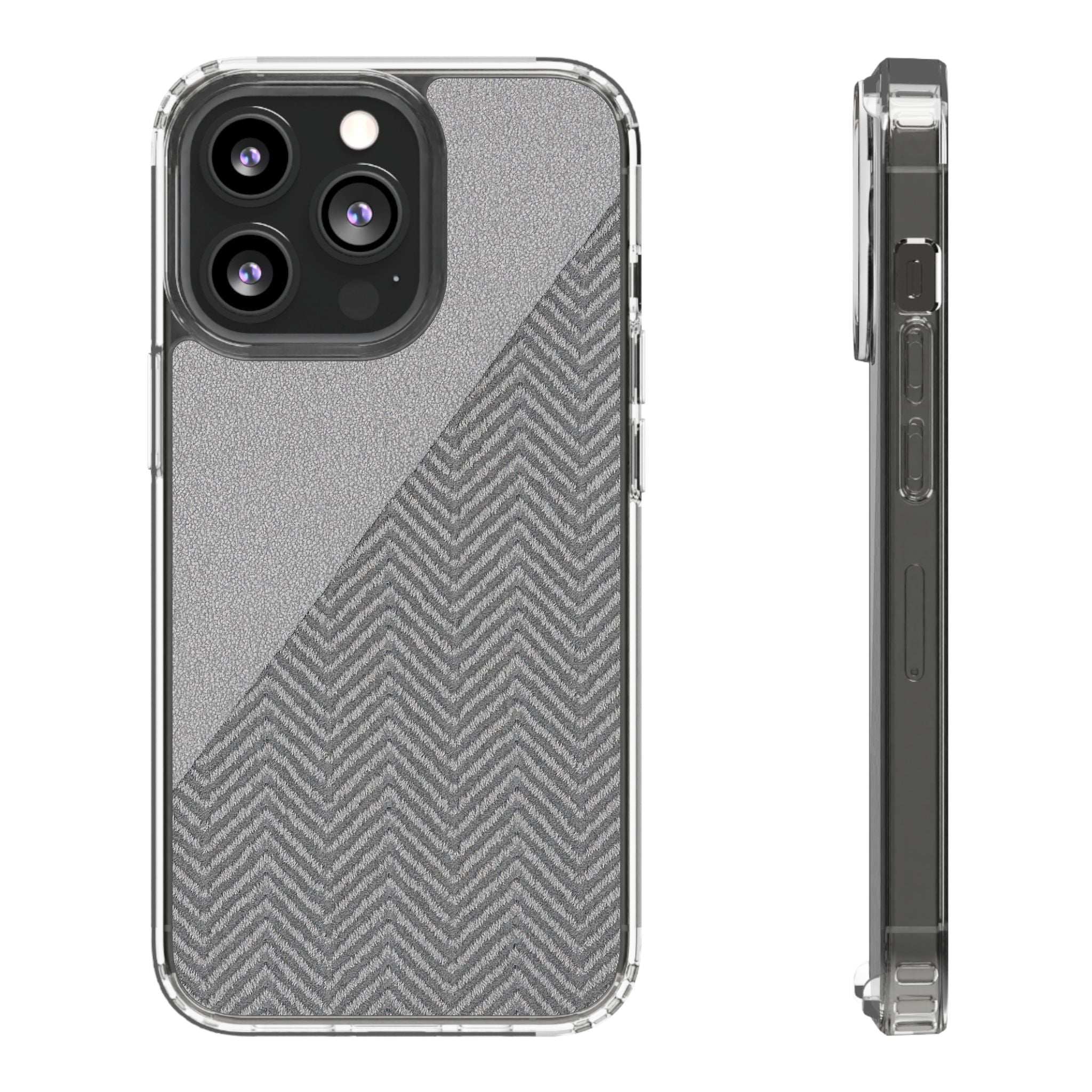 Tough iPhone case with diagonal herringbone texture plus clear side profile and cutouts
