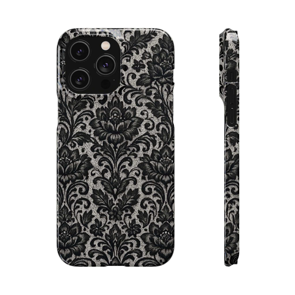 Black damask floral phone case with raised camera lenses and matching side edge