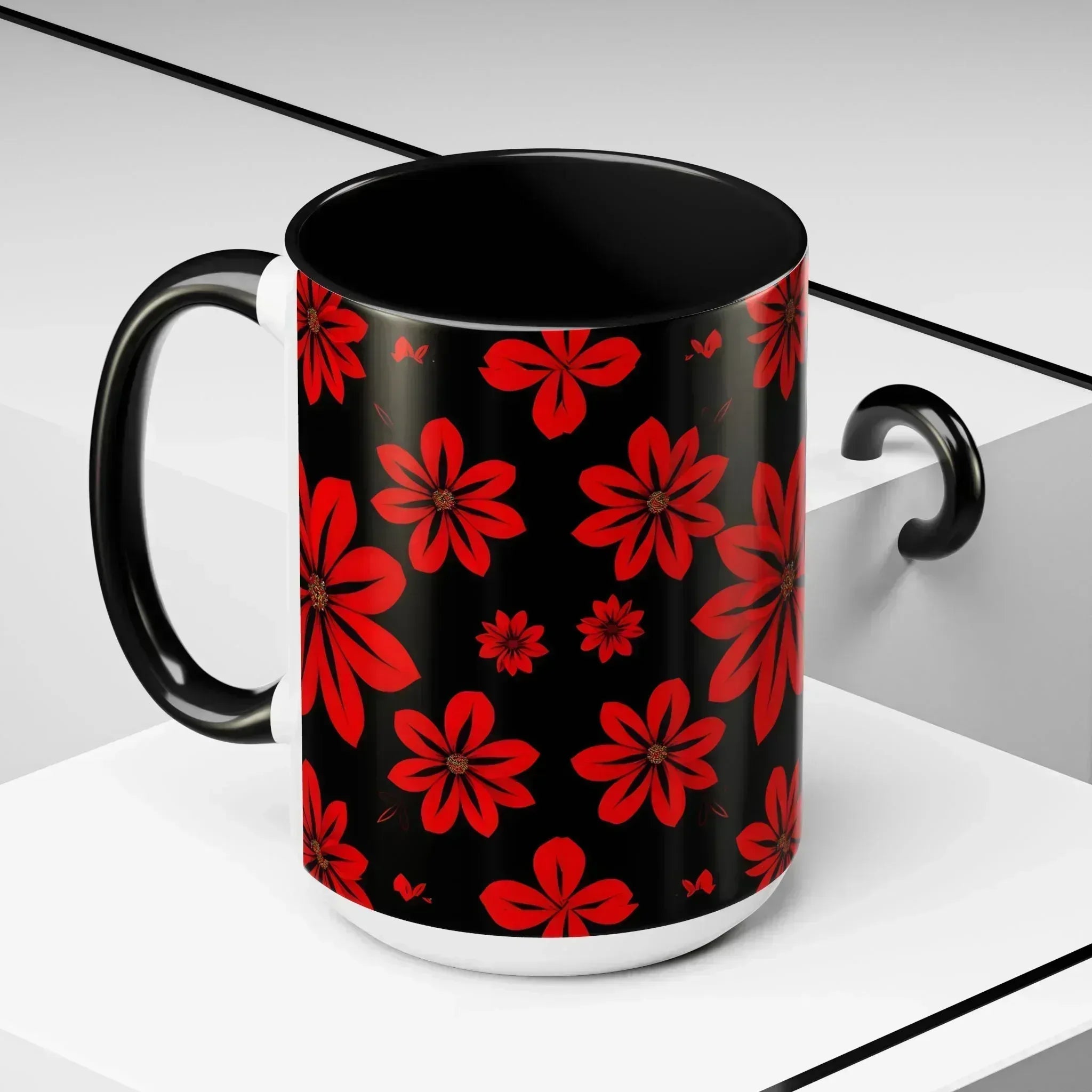 Accent Red Floral Coffee Mug – 11oz & 15oz - KARARMDESIGN