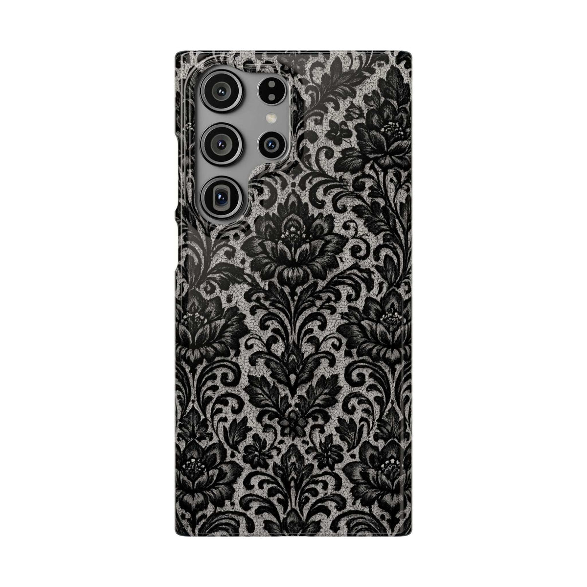 Damask floral phone case, black and gray ornate pattern; quad camera cutout and flash