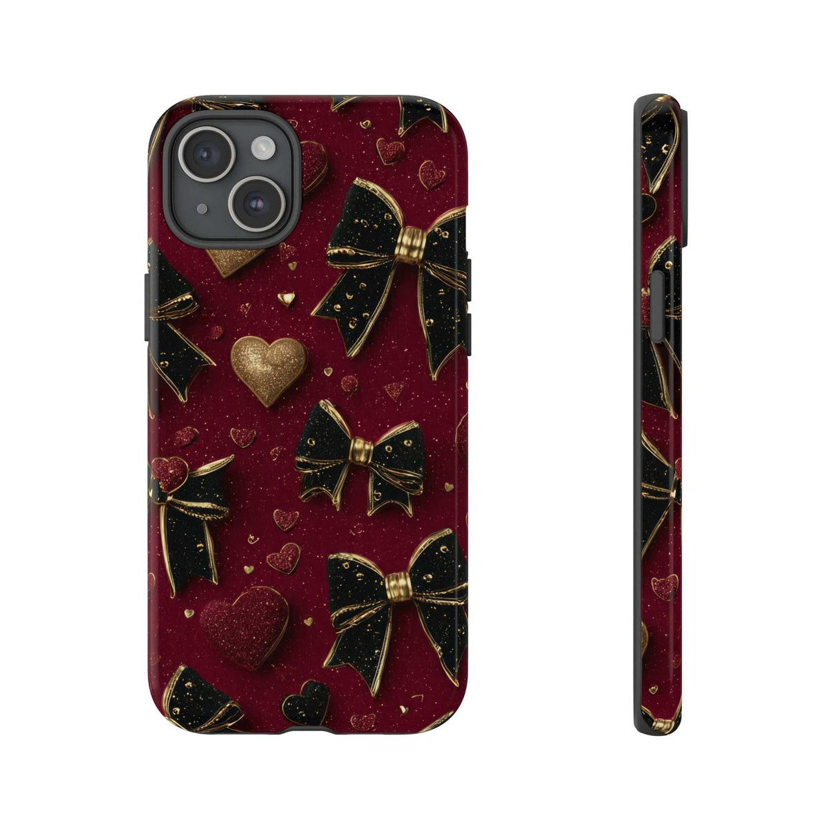 Maroon glossy phone case with gold hearts and bows; textured glitter look on front